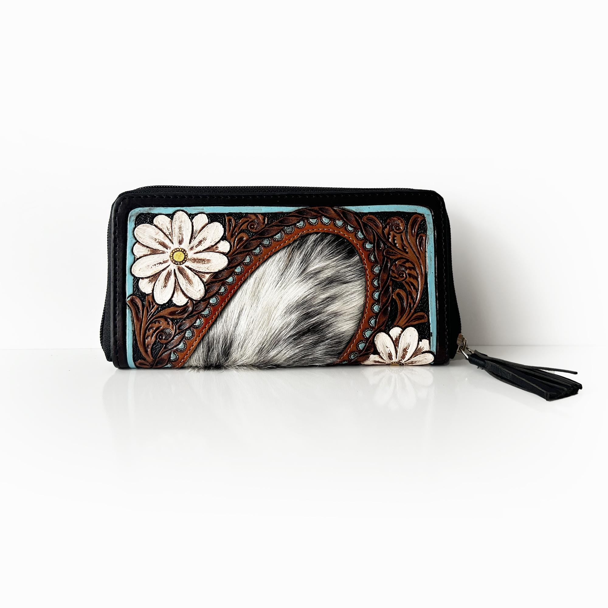 Floral and Heart Design Leather Wallet with Cowhide Detail and Zipper