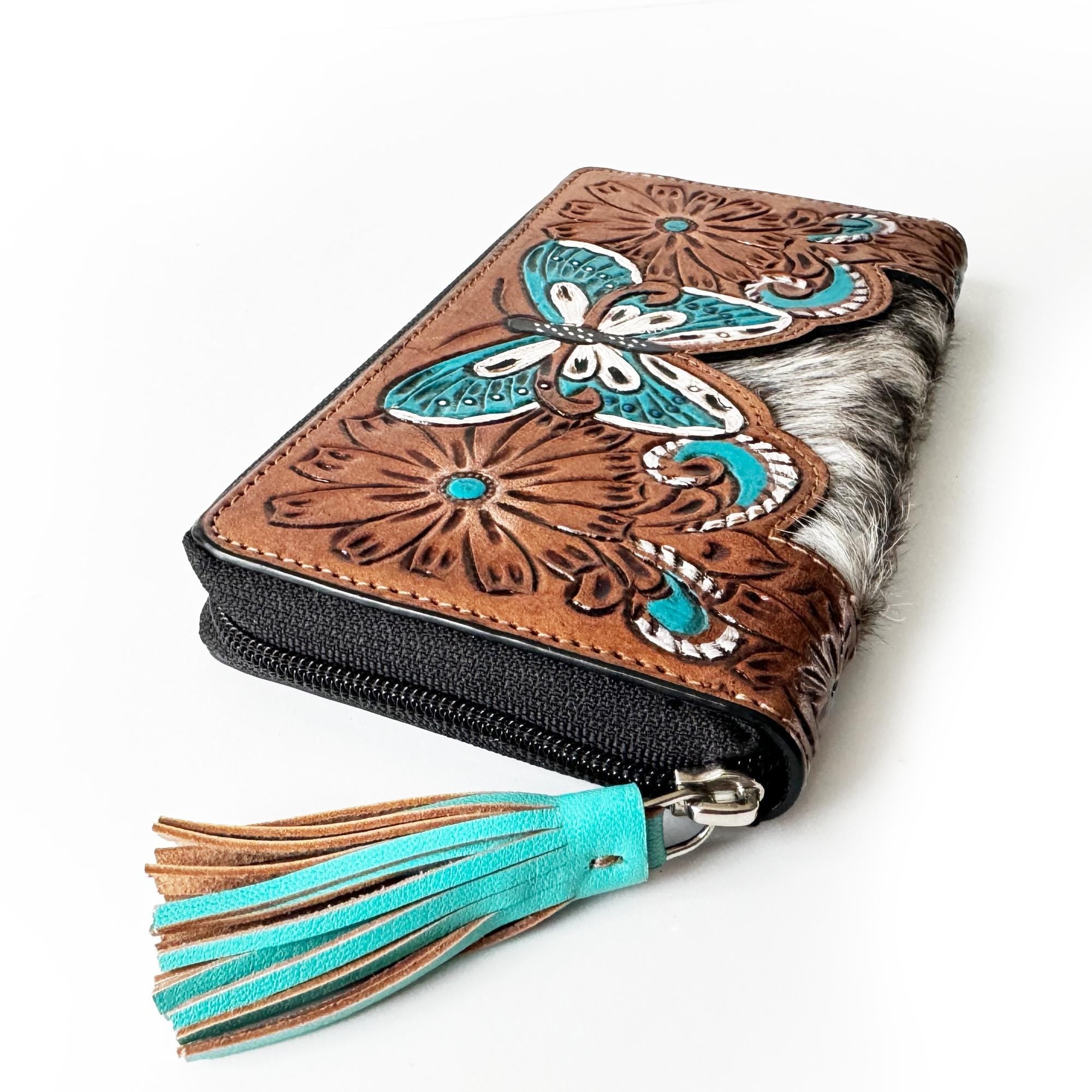 Turquoise Butterfly Embossed Leather Wallet with Hand-Painted Details & Turquoise Tassel