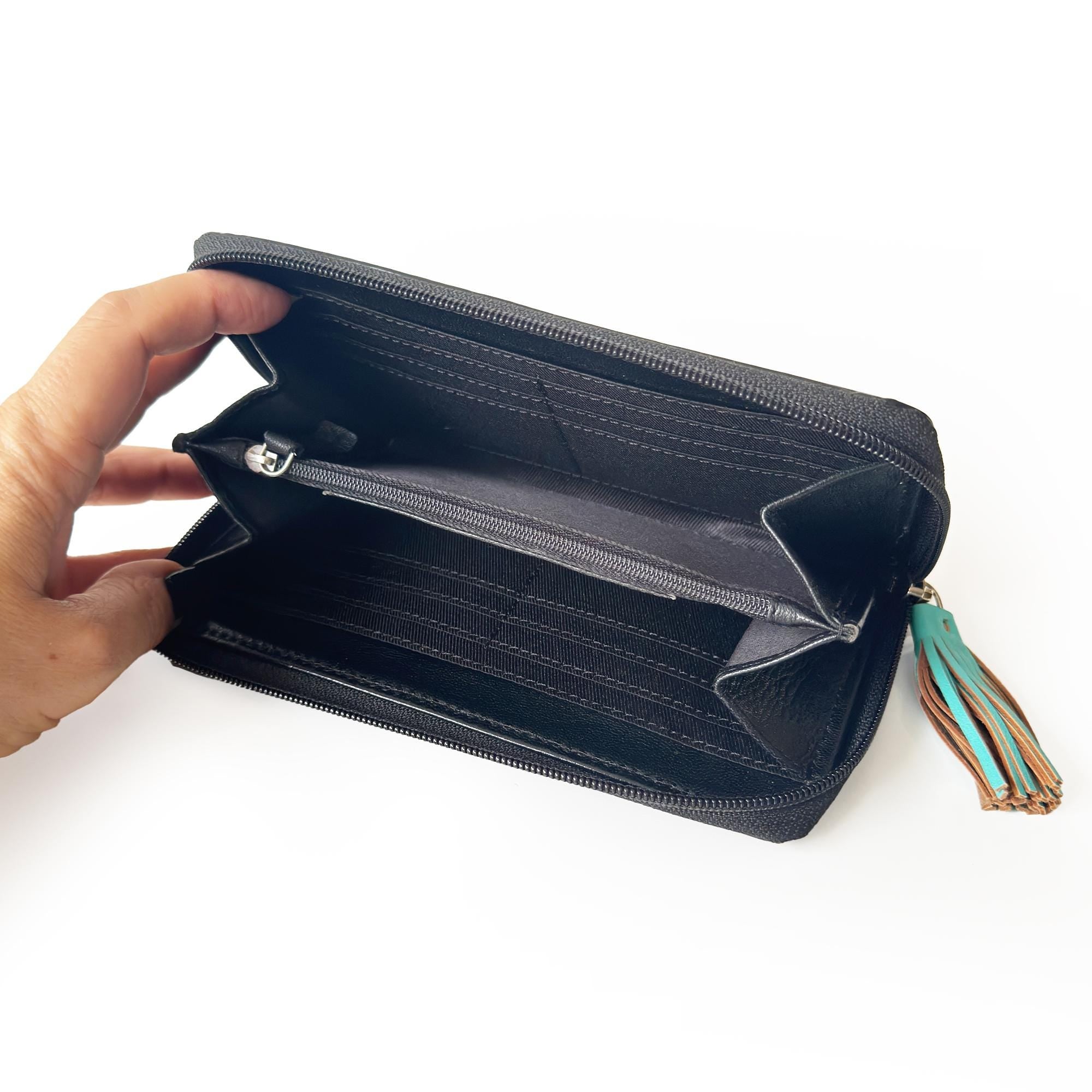 Turquoise Butterfly Embossed Leather Wallet with Hand-Painted Details & Turquoise Tassel