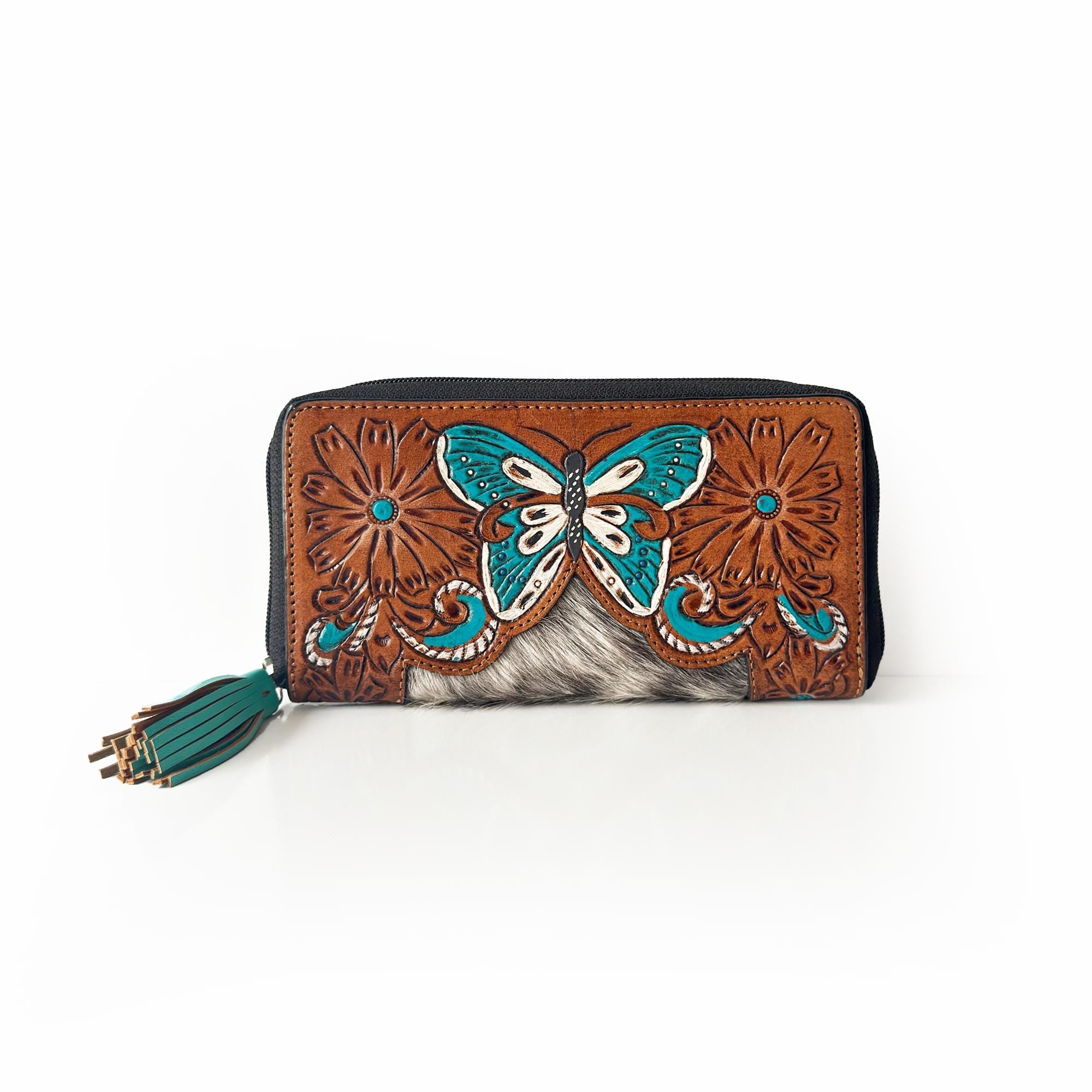 Turquoise Butterfly Embossed Leather Wallet with Hand-Painted Details & Turquoise Tassel
