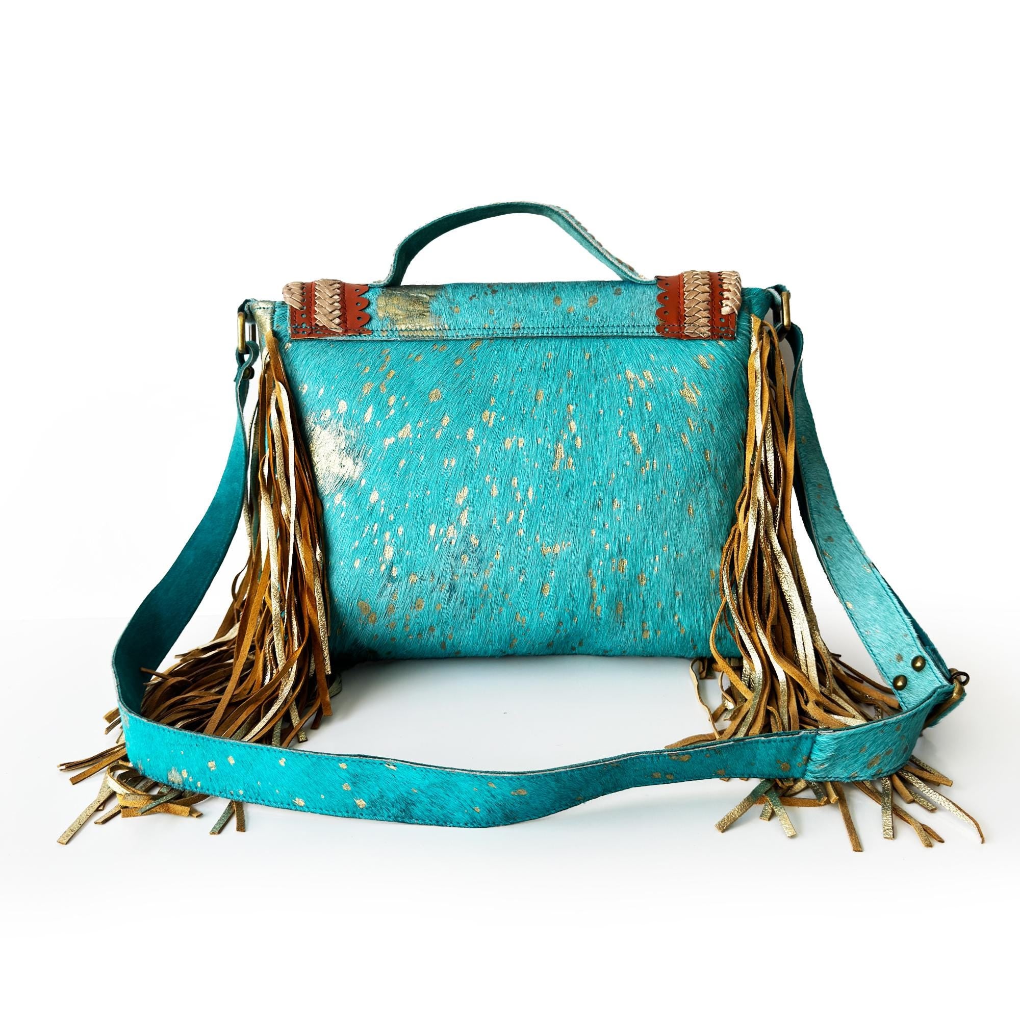Limited Edition Turquoise Leather Shoulder Bag with Golden Medallion and Fringe
