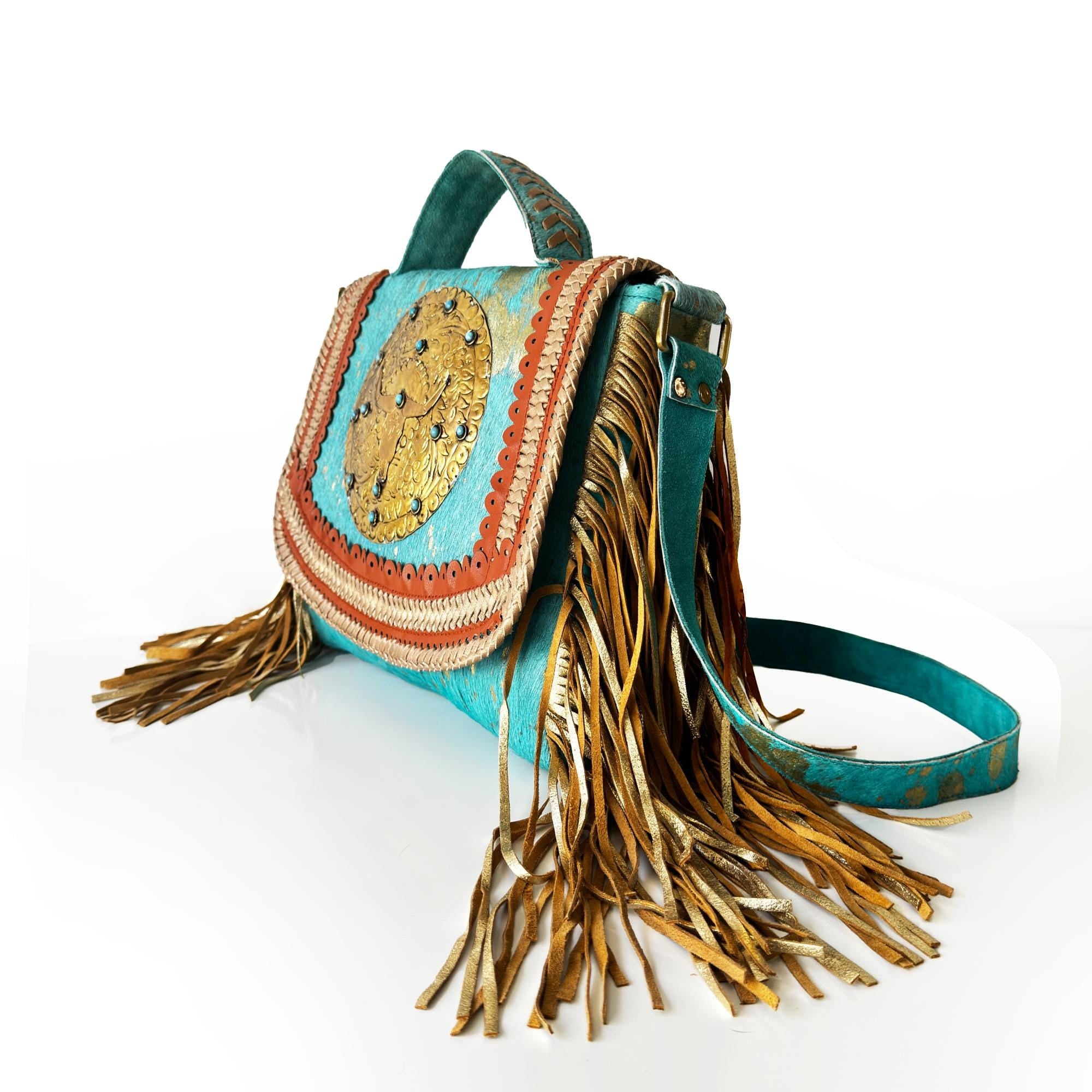 Limited Edition Turquoise Leather Shoulder Bag with Golden Medallion and Fringe