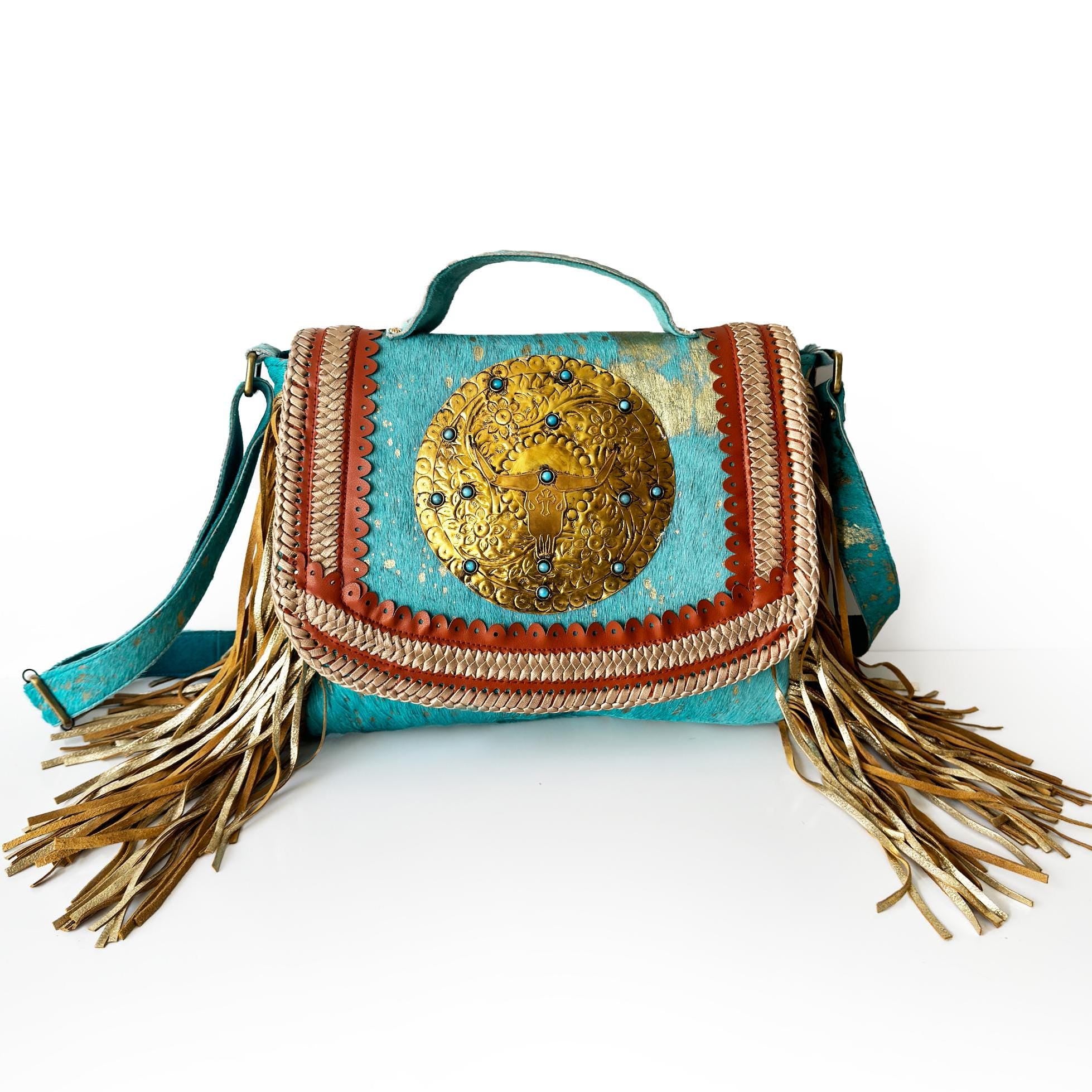 Limited Edition Turquoise Leather Shoulder Bag with Golden Medallion and Fringe