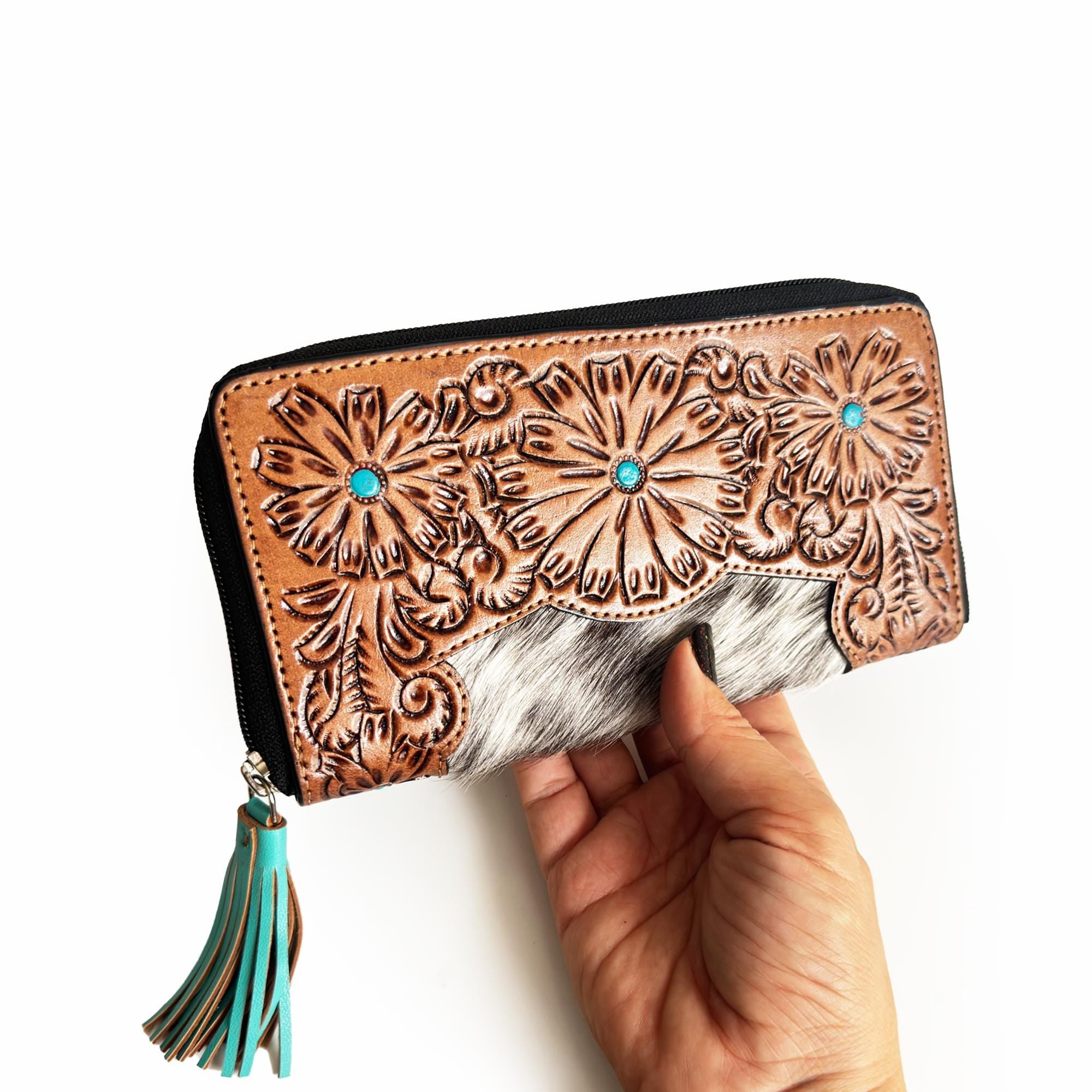 Turquoise Butterfly Embossed Leather Wallet with Hand-Painted Details & Turquoise Tassel