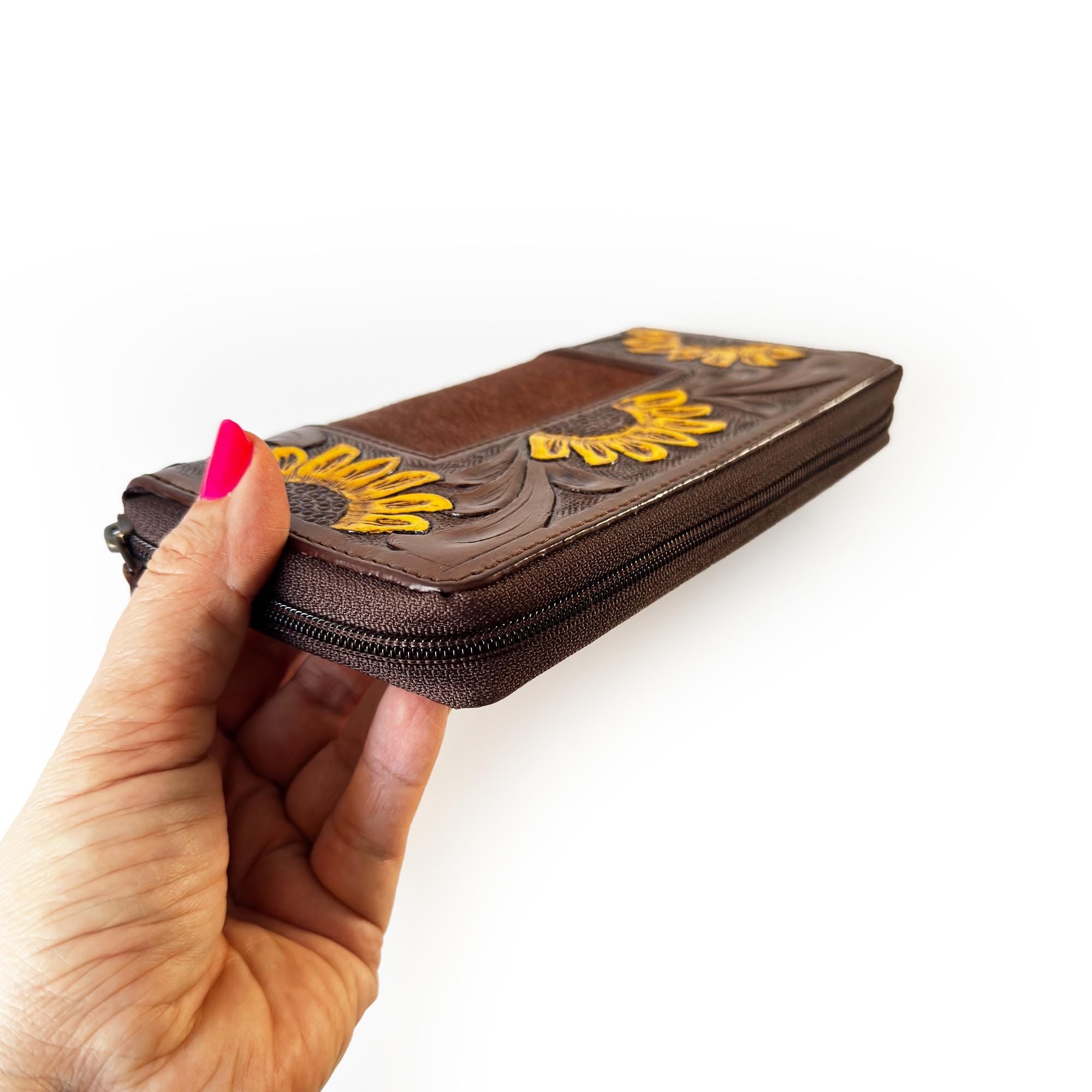 Handcrafted Sunflower Leather Wallet with Cowhide Accents Zip Tassel