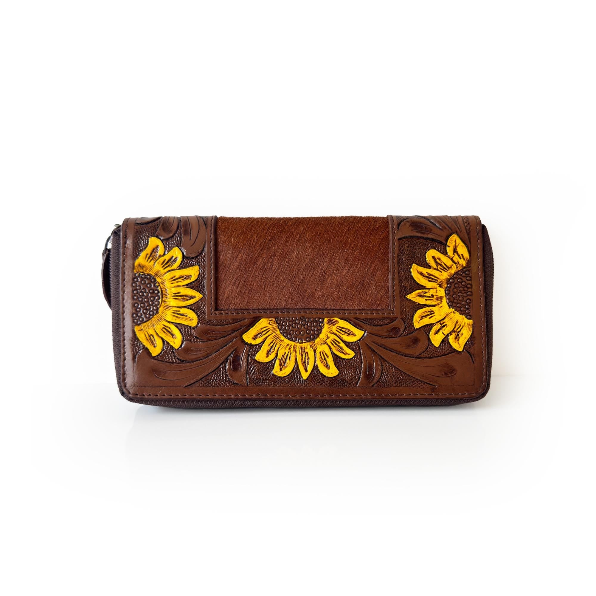 Handcrafted Sunflower Leather Wallet with Cowhide Accents Zip Tassel