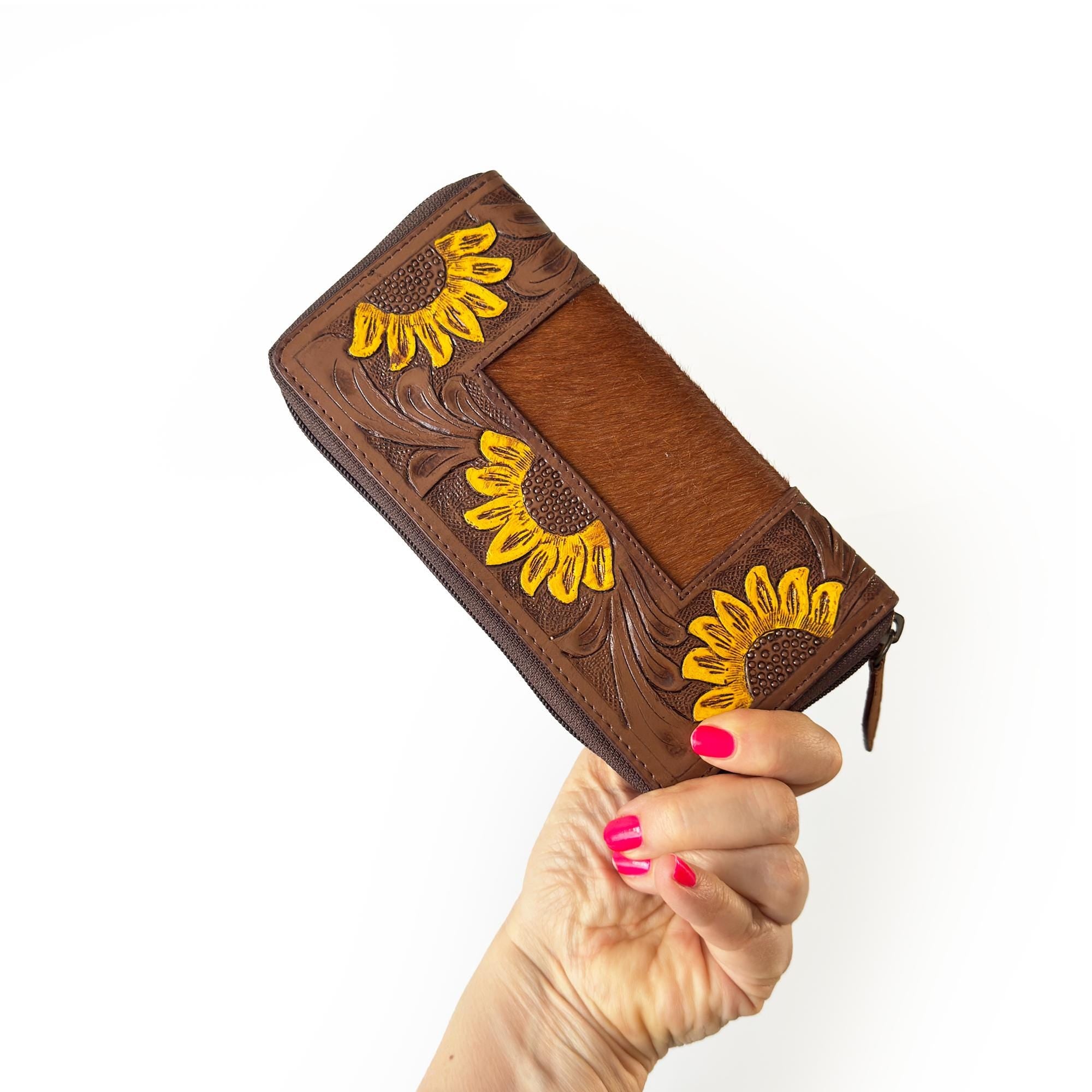 Handcrafted Sunflower Leather Wallet with Cowhide Accents Zip Tassel