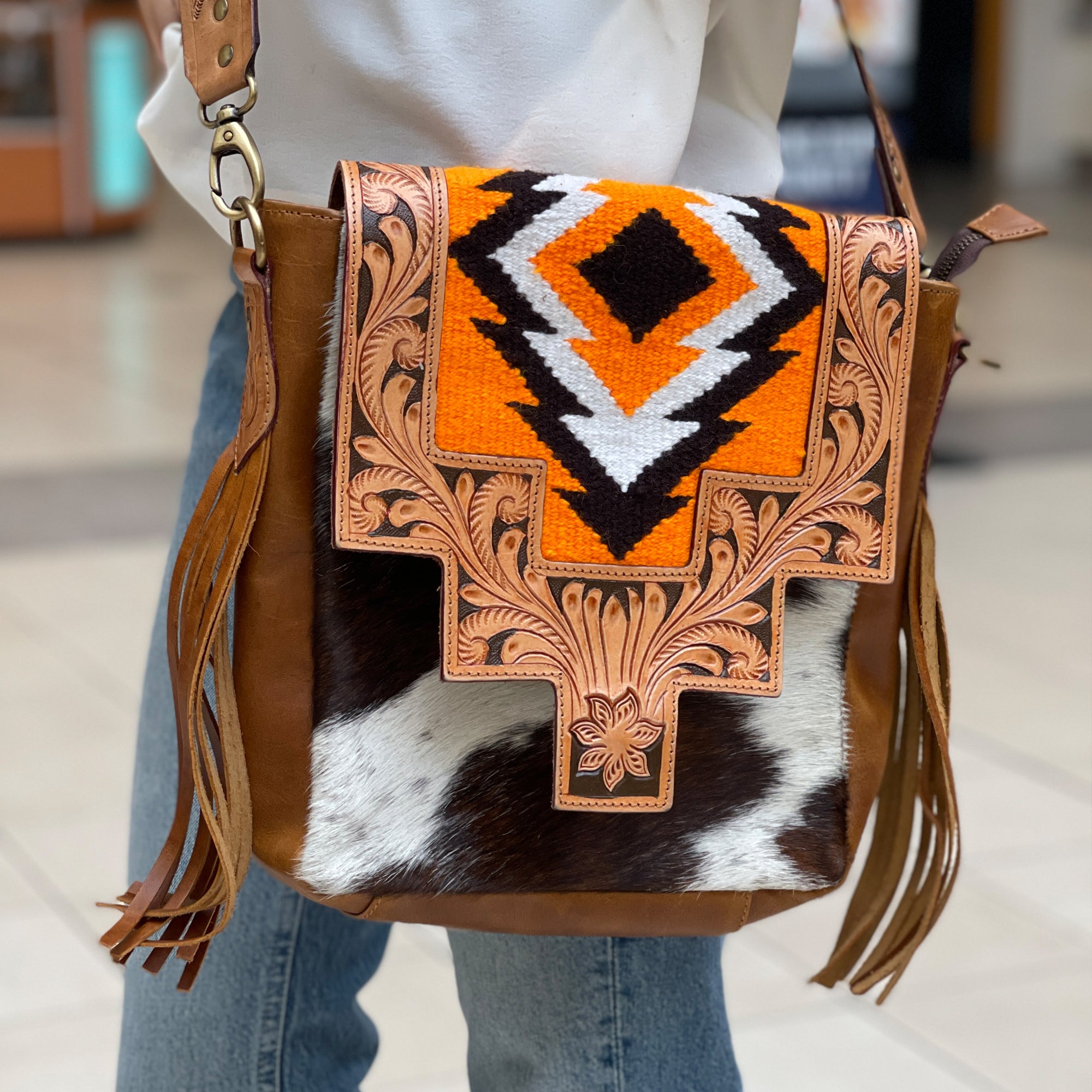 Apache Hand Tooled Detail Cowhide Crossbody Bag 