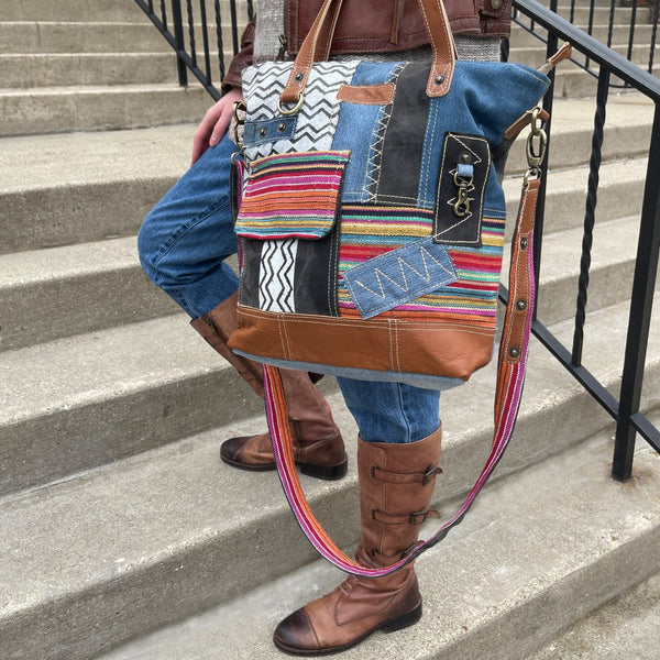 Upcycled Canvas Tote Messenger Shoulder Bag