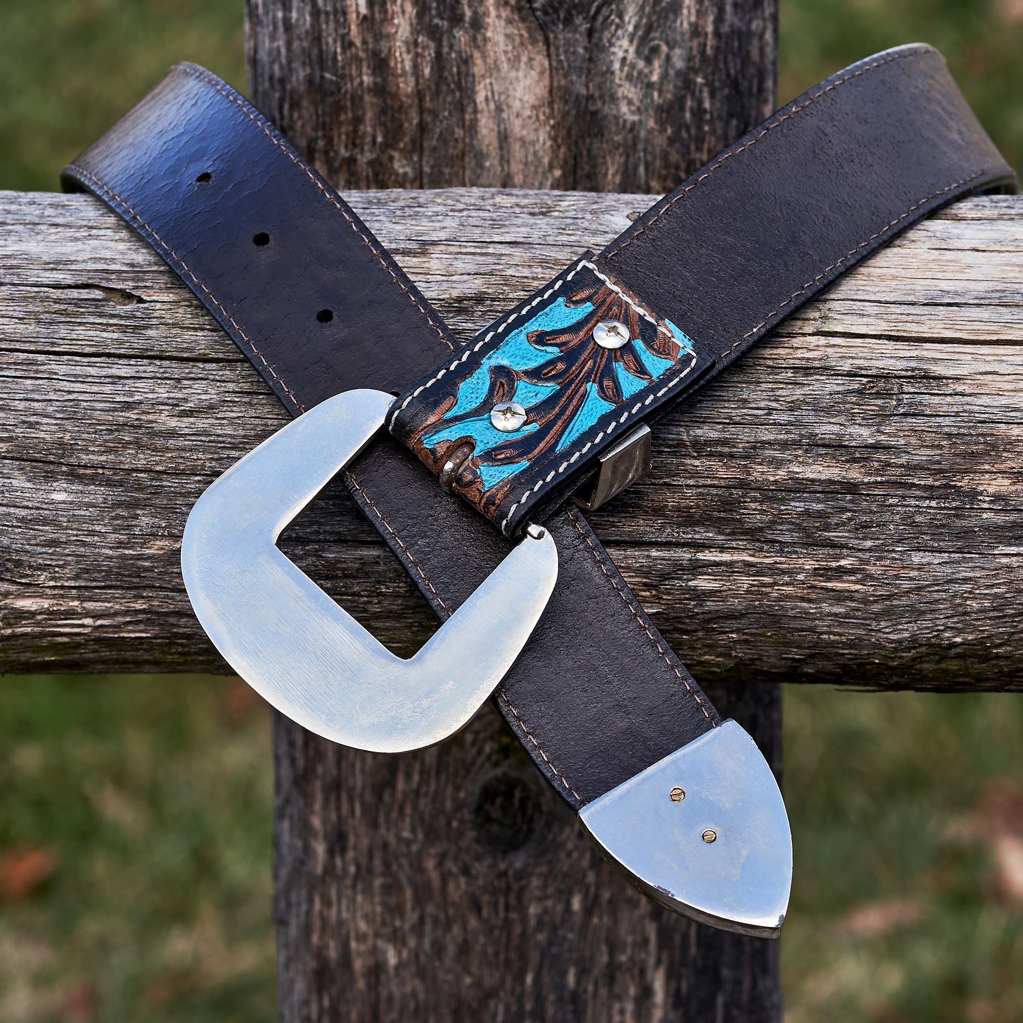 Turquoise Accent Hand Tooled Leather Belt