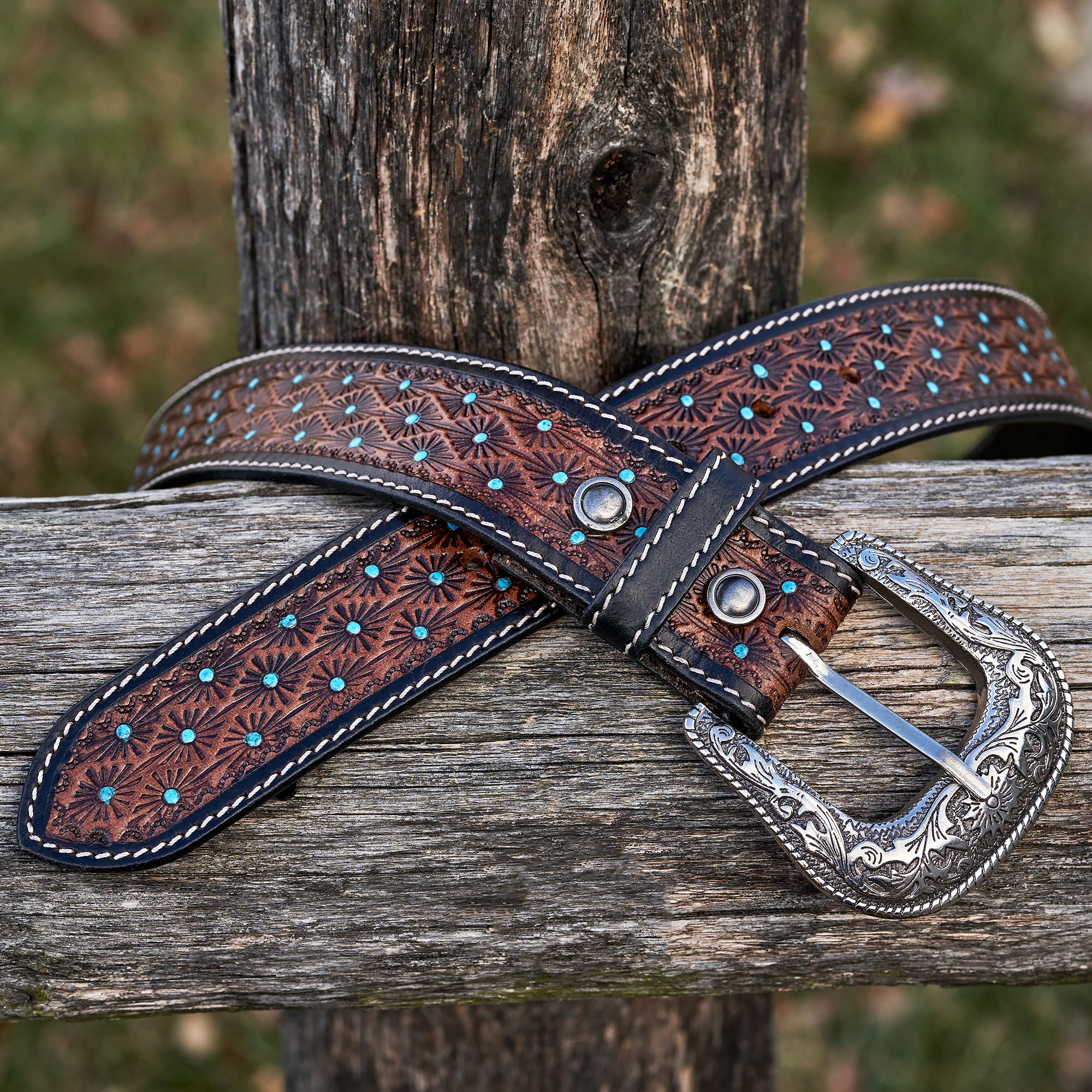Turquoise Polka Dot Hand Tooled Leather Belt 