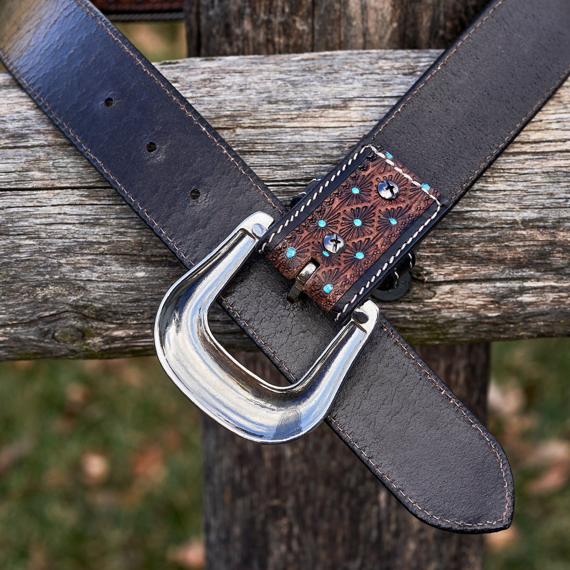 Turquoise Polka Dot Hand Tooled Leather Belt 