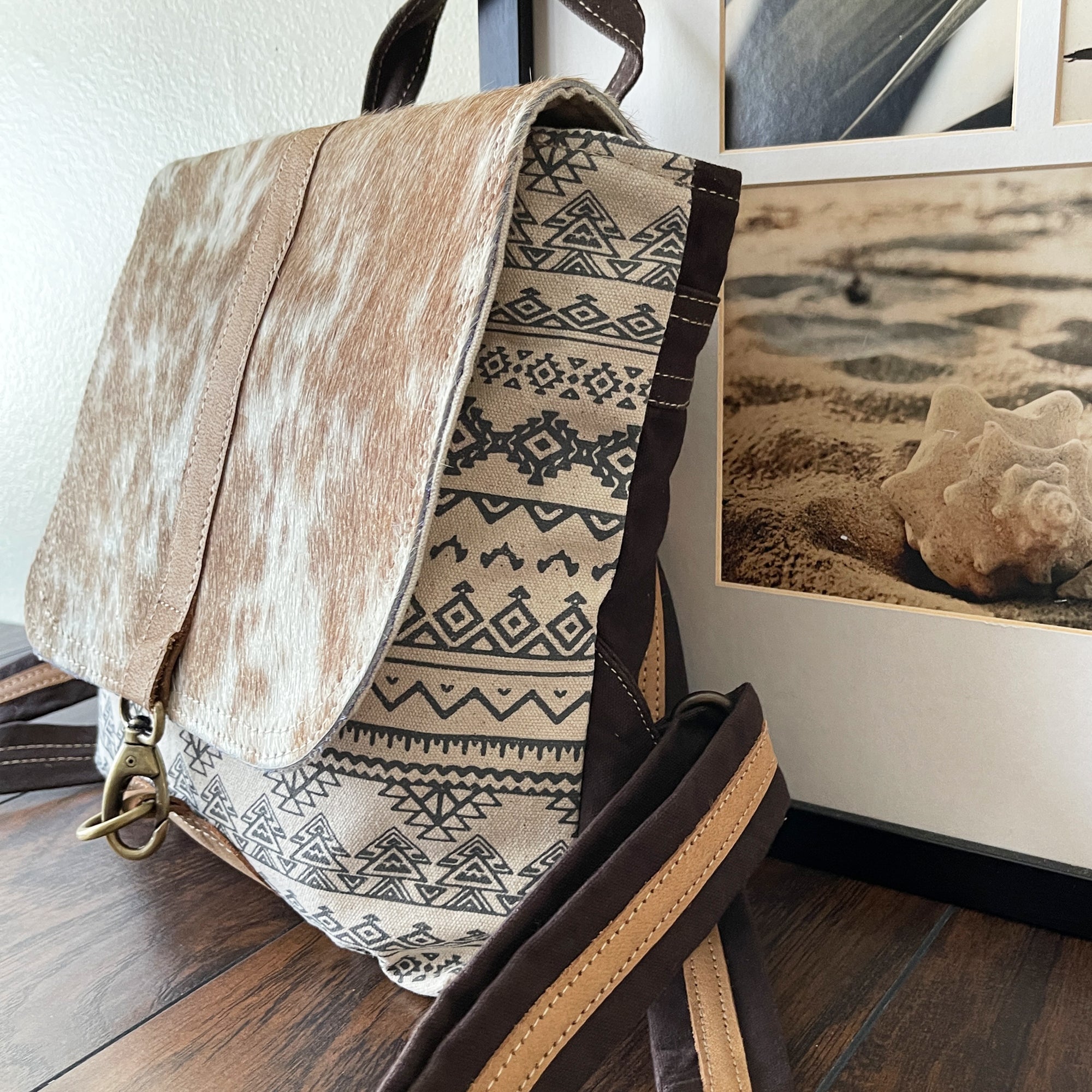 Tribal Pattern Canvas Cowhide Backpack Bag