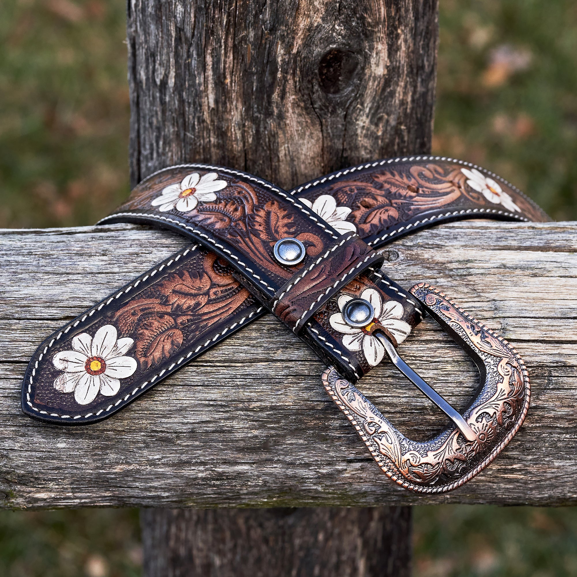 White Flower Hand Tooled Leather Belt