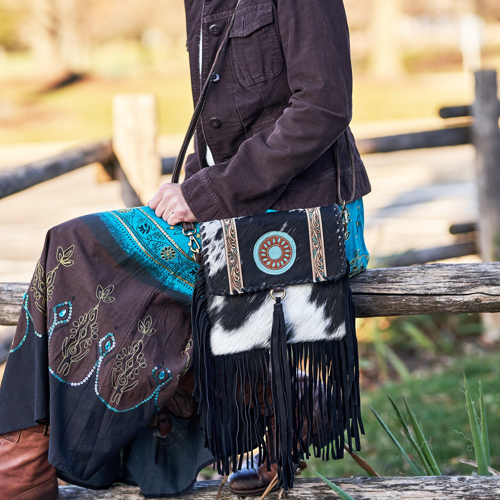 Real COWHIDE CROSSBODY BAG, Western Leather Purse Boho, Native